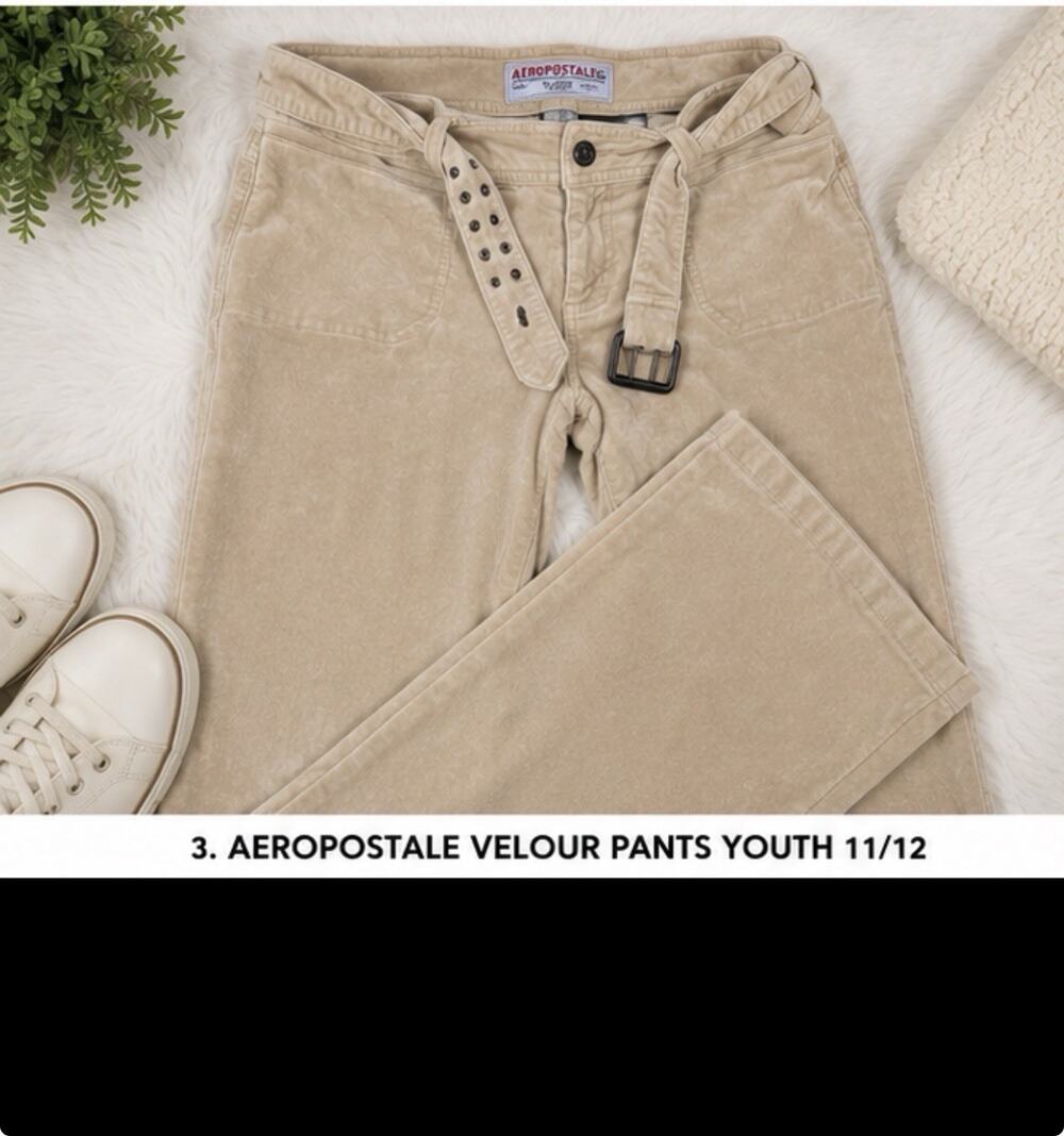 Aeropostale Velour Pants Girls 11/12 Beige Wide Leg Belted Stretch Y2K